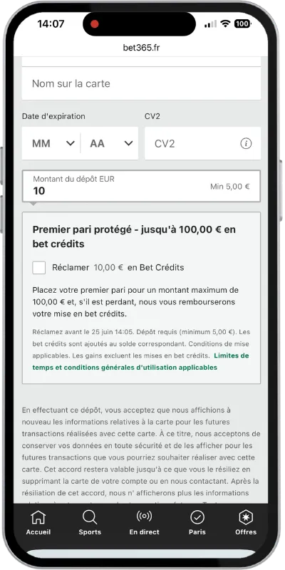 Case à cocher pour obtenir son bonus de bienvenue sur Bet365 