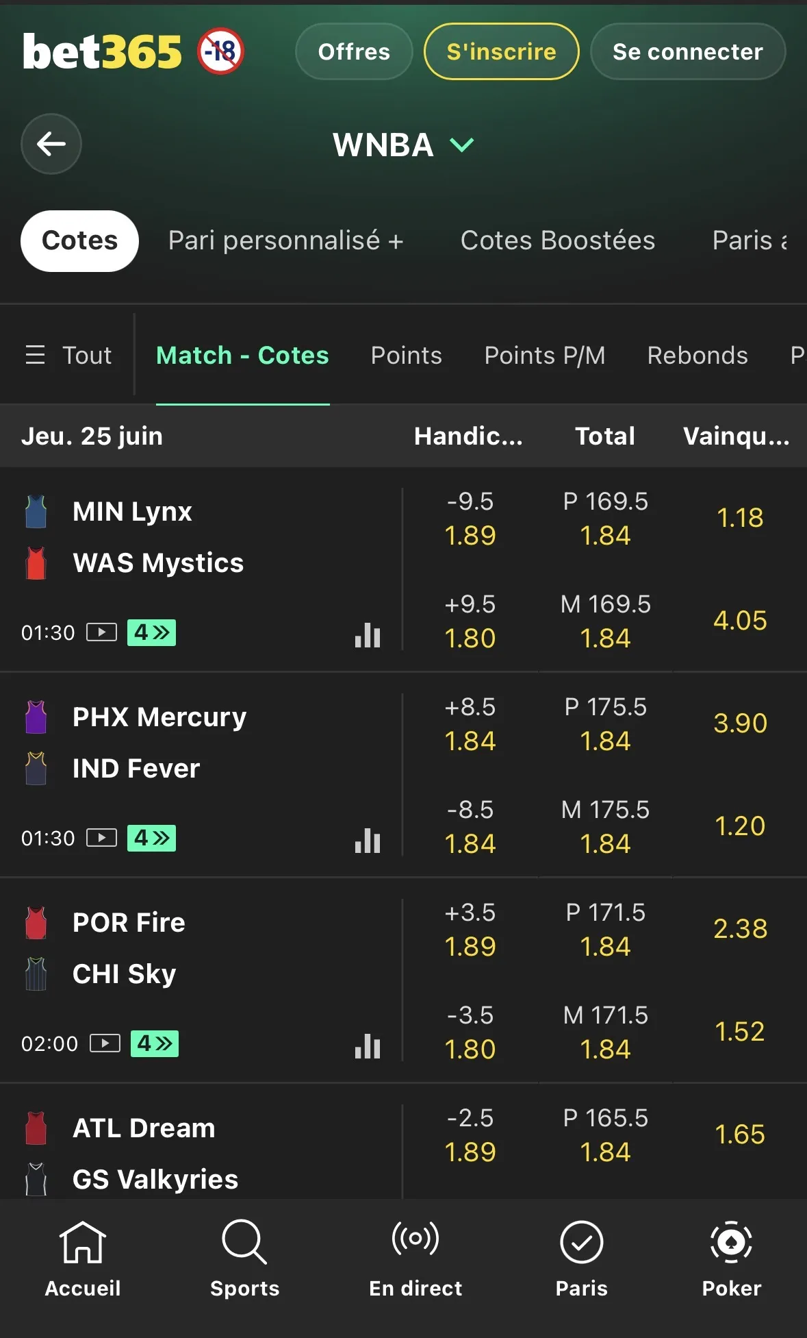 Interface de Bet365 sur les matchs WNBA 2026, le 24 juin 2026