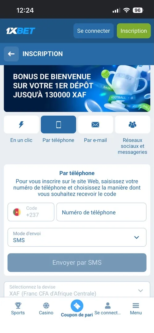 Inscription par téléphone sur 1xbet
