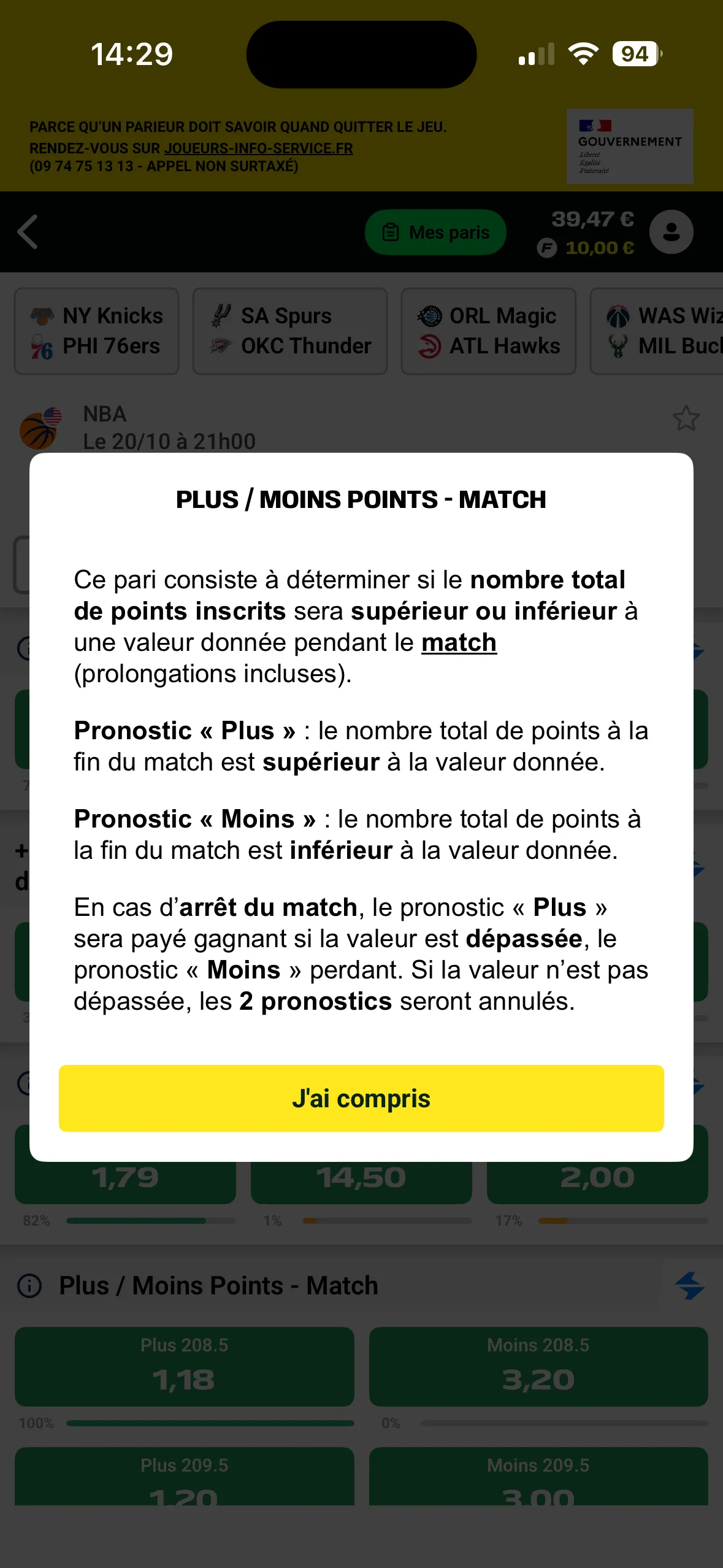Conditions de marché sur Unibet