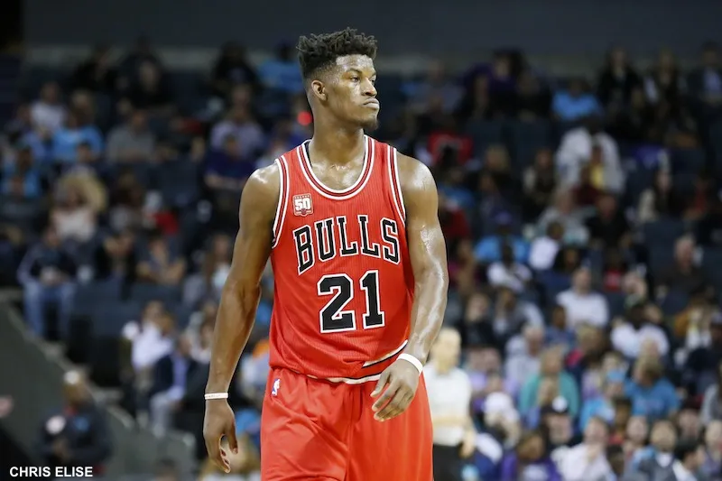 03 November 2015: Chicago Bulls guard Jimmy Butler (21) rests during the Charlotte Hornets 130-105 victory over the Chicago Bulls, at the Time Warner Cable Arena, in Charlotte, North Carolina, USA.