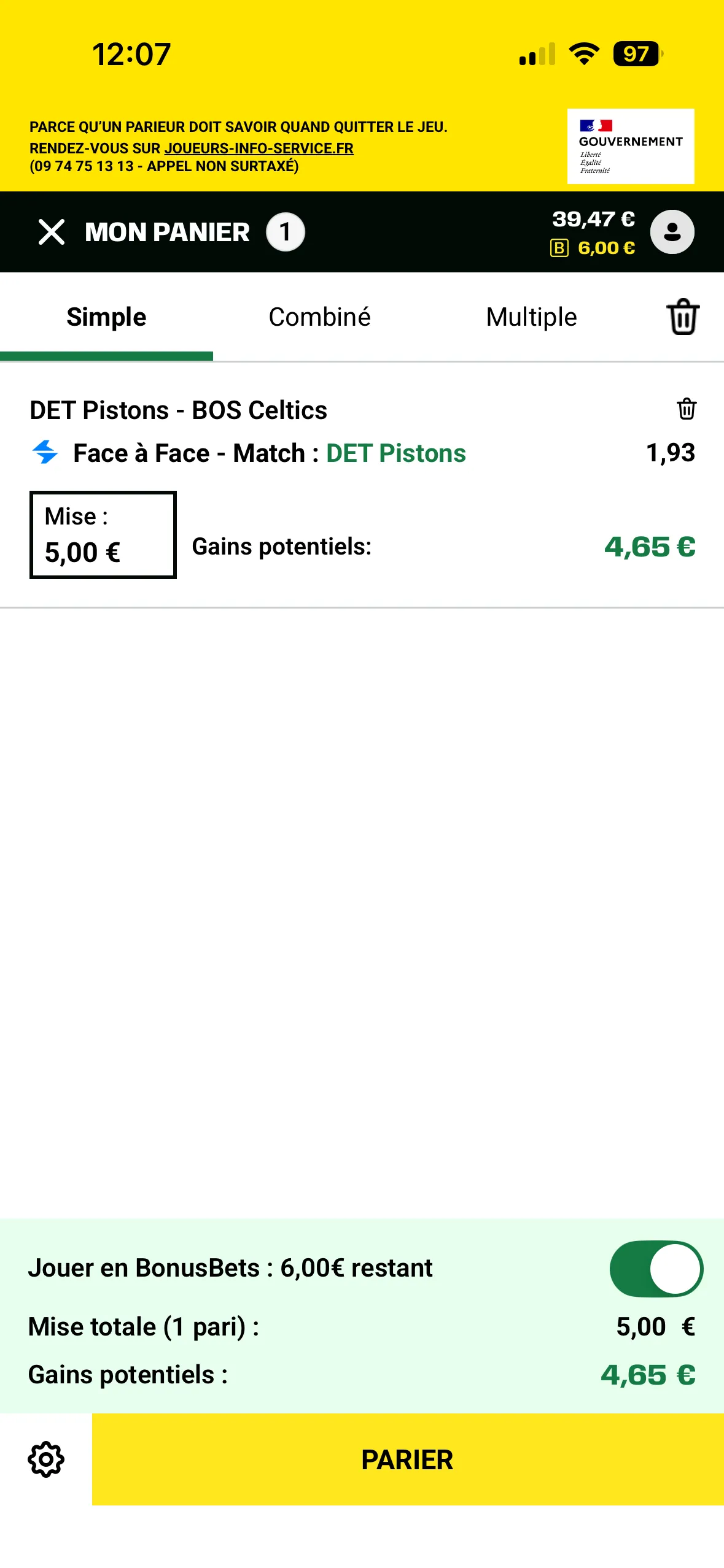 Exemple d'une mise en freebets d'un pari face à face sur le match Pistons-Celtics