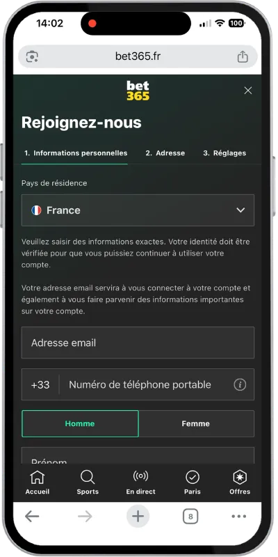 Première étape de l'inscription bet365