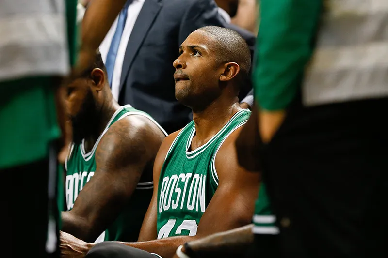 Oct 6, 2016; Greensboro, NC, USA; Boston Celtics center Al Horford (42) huddles with teammates during a timeout in the second half against the Charlotte Hornets at Greensboro Coliseum. The Celtics won 107-92. Mandatory Credit: Jeremy Brevard-USA TODAY Sports