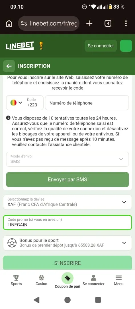 sélectionner l'inscription par téléphone sur Linebet