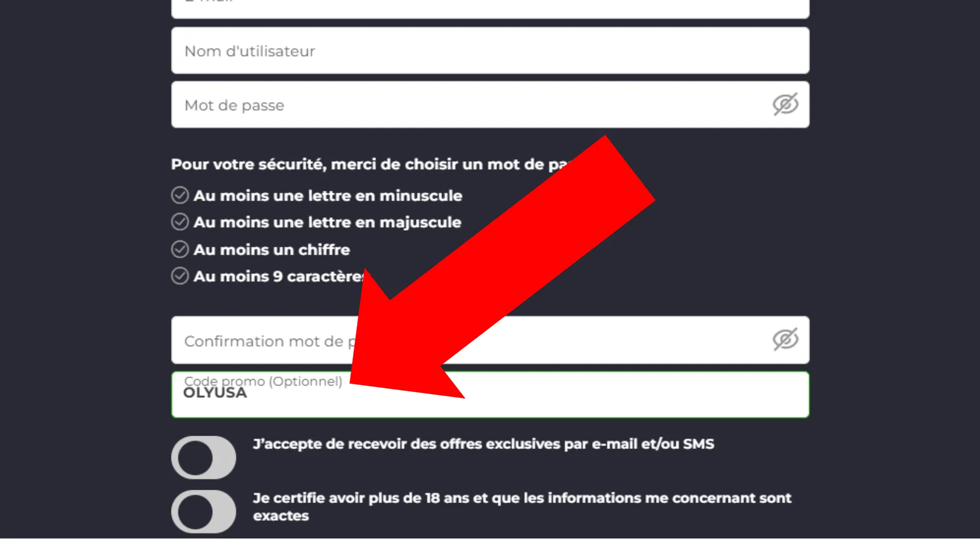 Le code OLYUSA doit être saisi dans le champ "code promo"