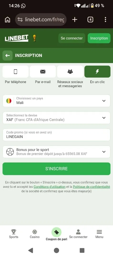 Inscription sur Linebet en un clic avec le code promo LINEGAIN