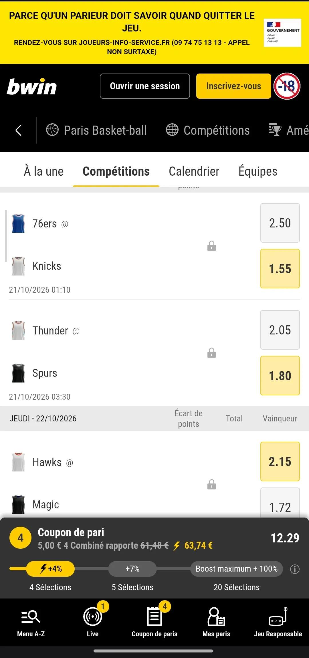 Coupon de pari avec combiné boosté NBA sur bwin