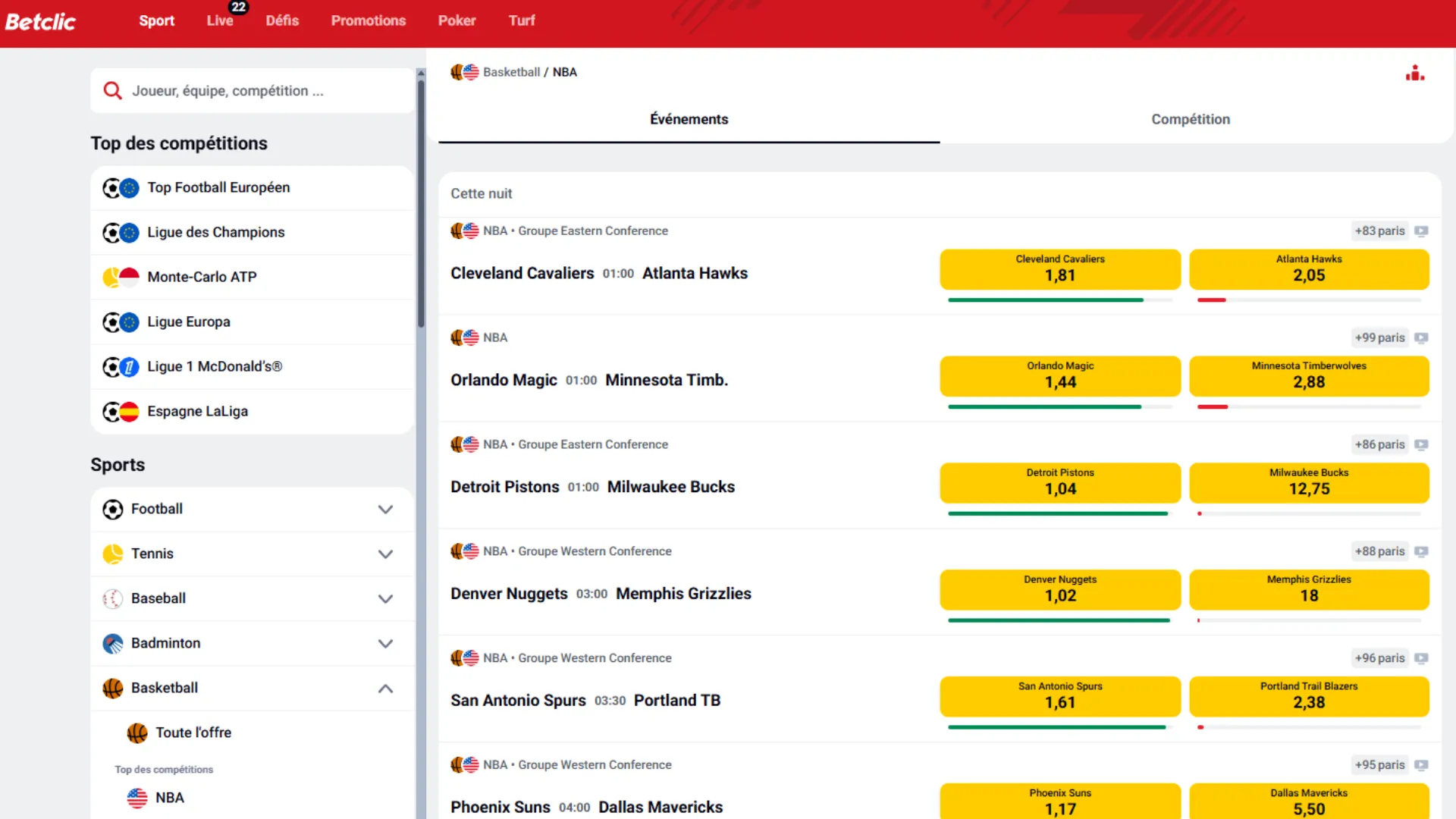 Les cotes NBA sont disponibles 24h en avance sur Betclic