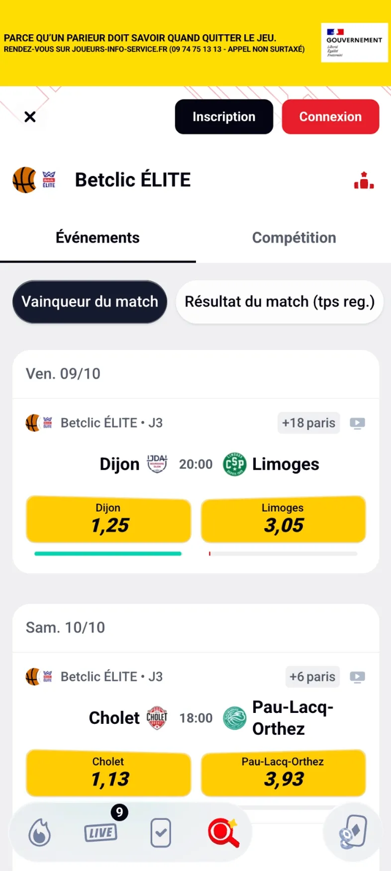 Marchés disponibles sur le championnat de la Betclic Elite visibles sur Betclic