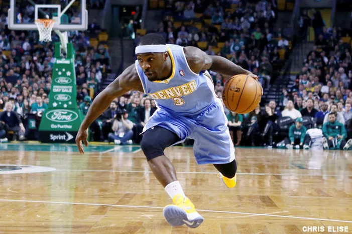 10 February 2013: Denver Nuggets point guard Ty Lawson (3) drives to the basket during the Boston Celtics 118-114 3OT victory over the Denver Nuggets at the TD Garden, Boston, Massachusetts, USA.