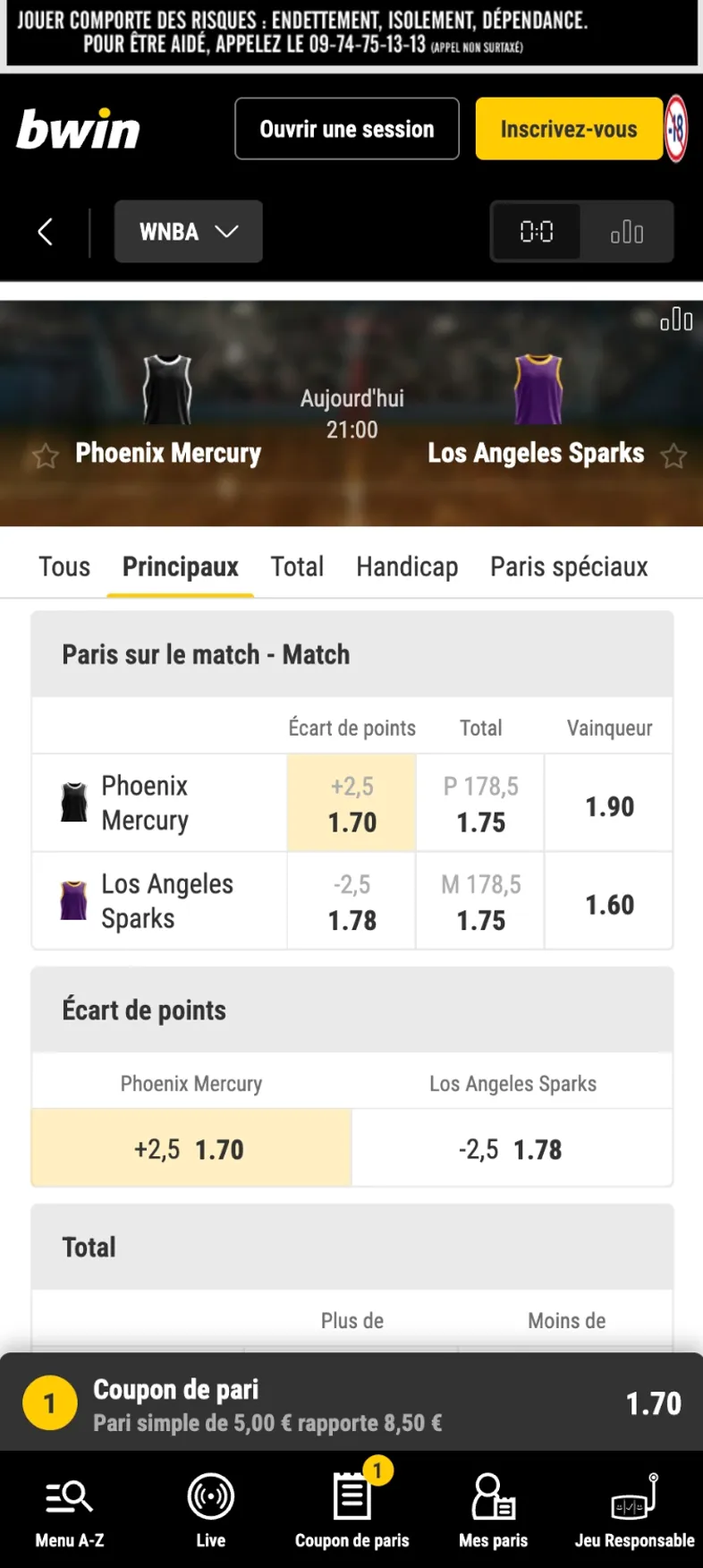 Coupon de pari affiché sur bwin pour le match Phoenix Mercury - Los Angeles Sparks le 22 juillet