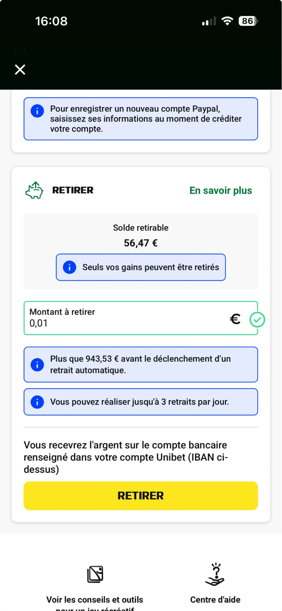 Faire un retrait sur Unibet