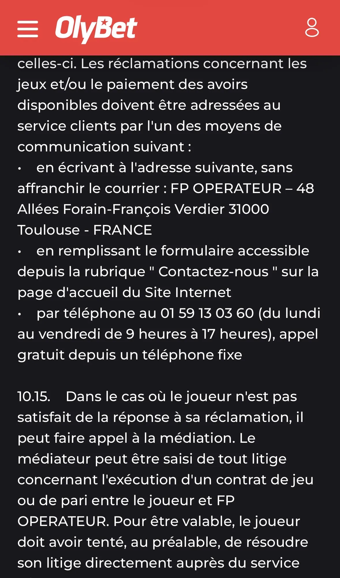 Contacter le support Olybet