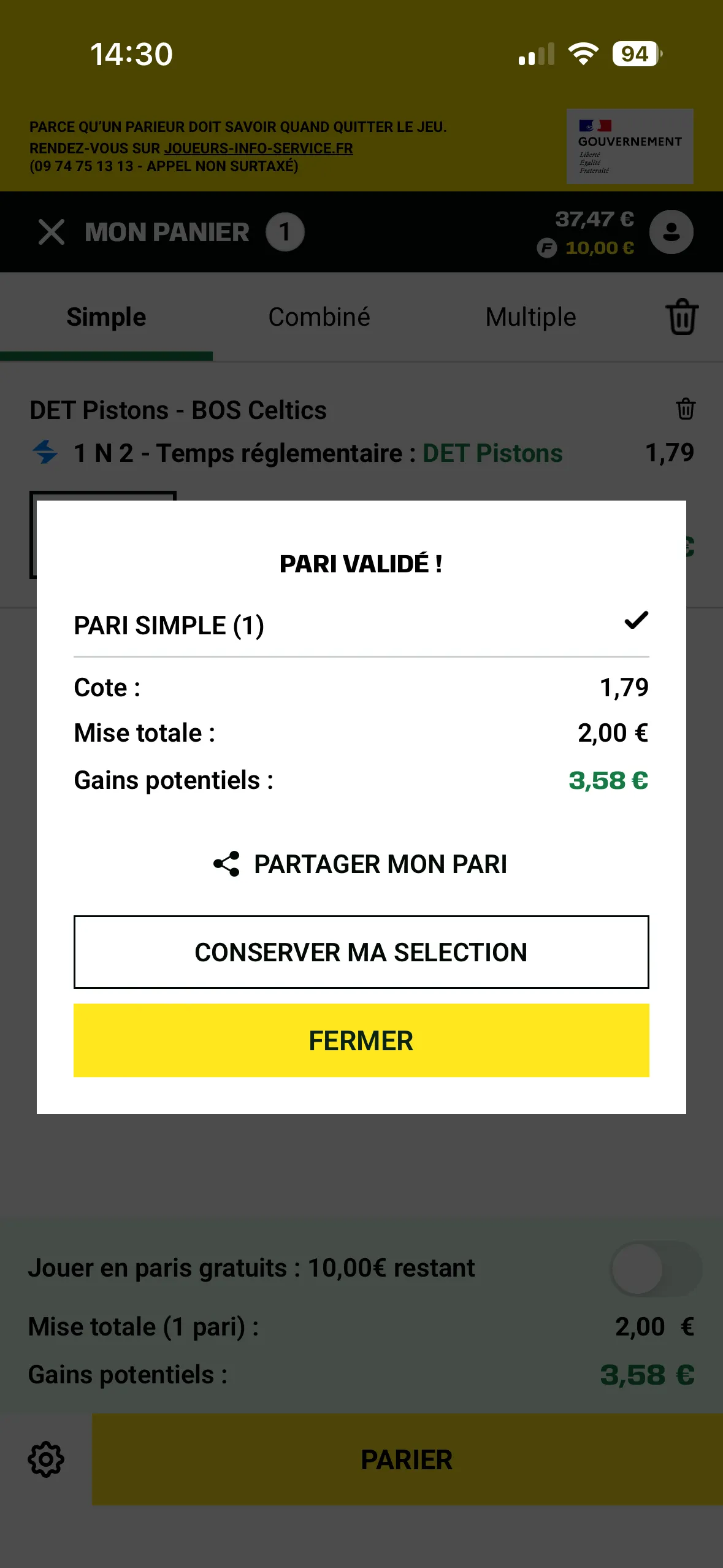 Valider le pari
