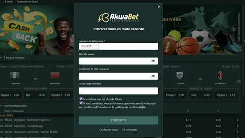 Écran d’inscription Akwabet avec saisie du numéro de téléphone et code promo.