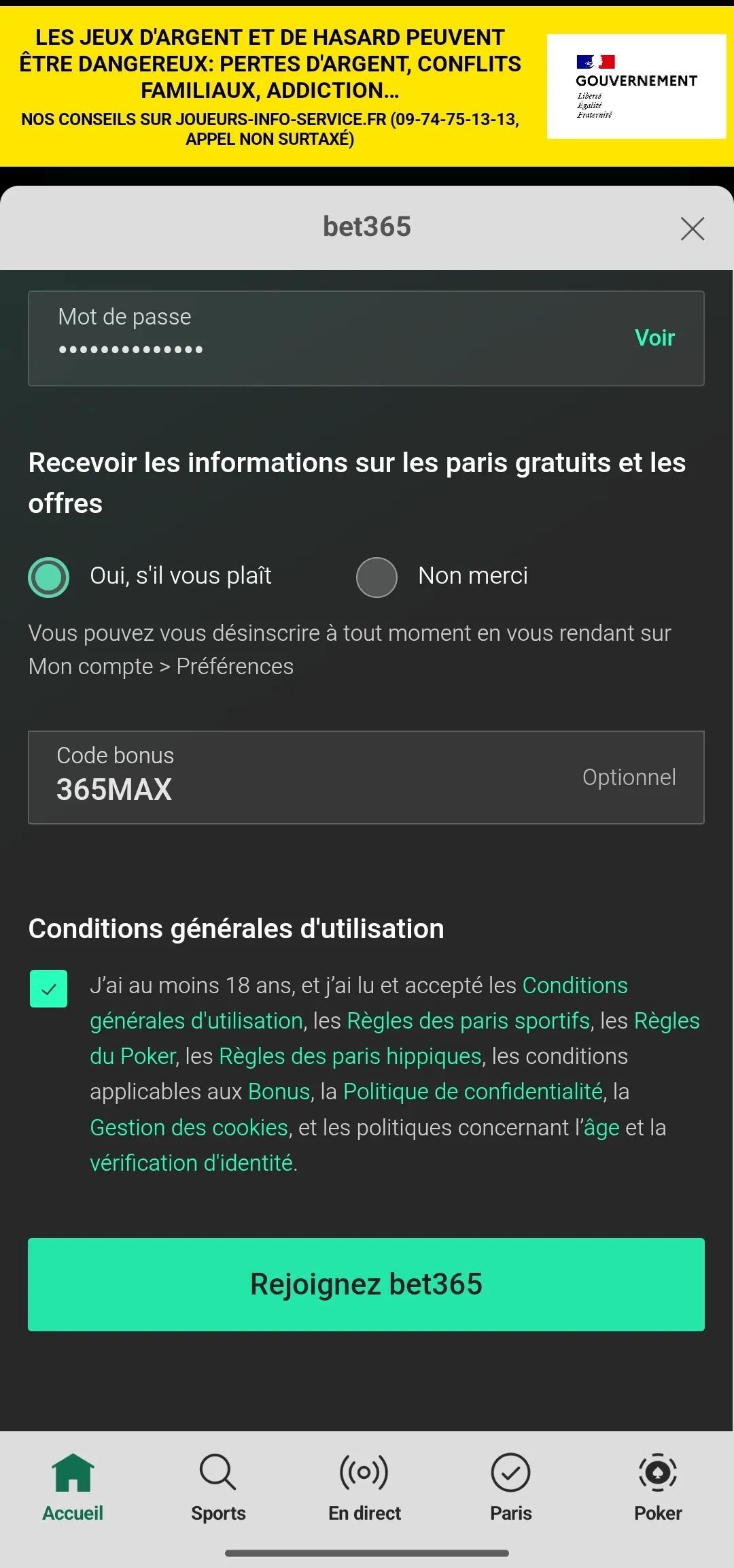 Champ code bonus à l'inscription avec 365MAX - 18 septembre 2026