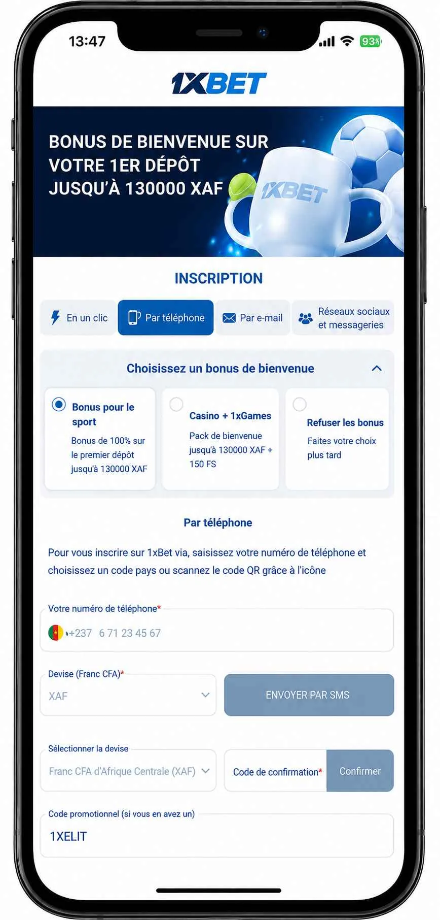 Formulaire d'inscription 1xBet avec bonus sport et code promo 1XELIT