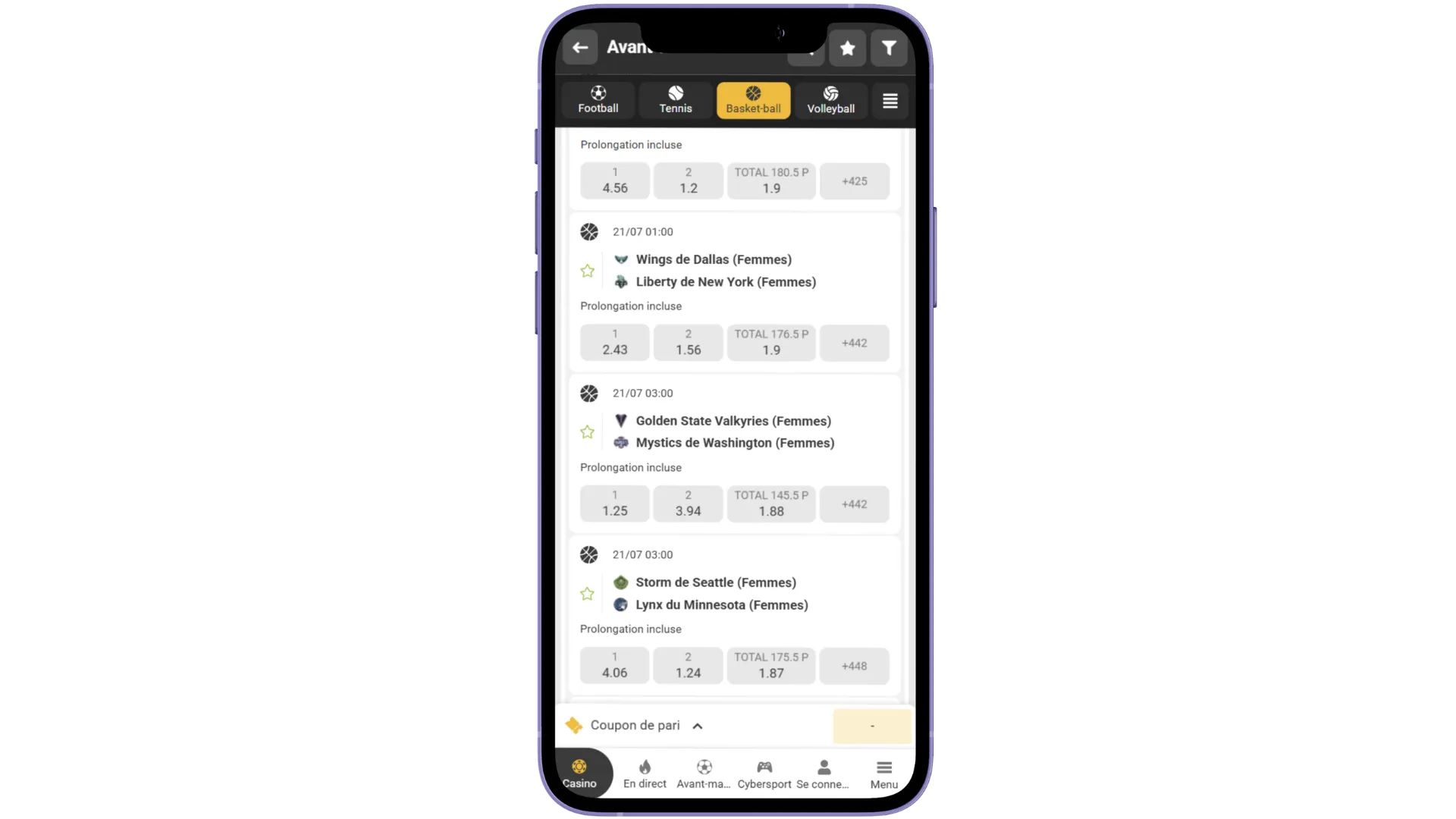 Coupon WNBA à grosse cote construit avec le code promo Melbet.