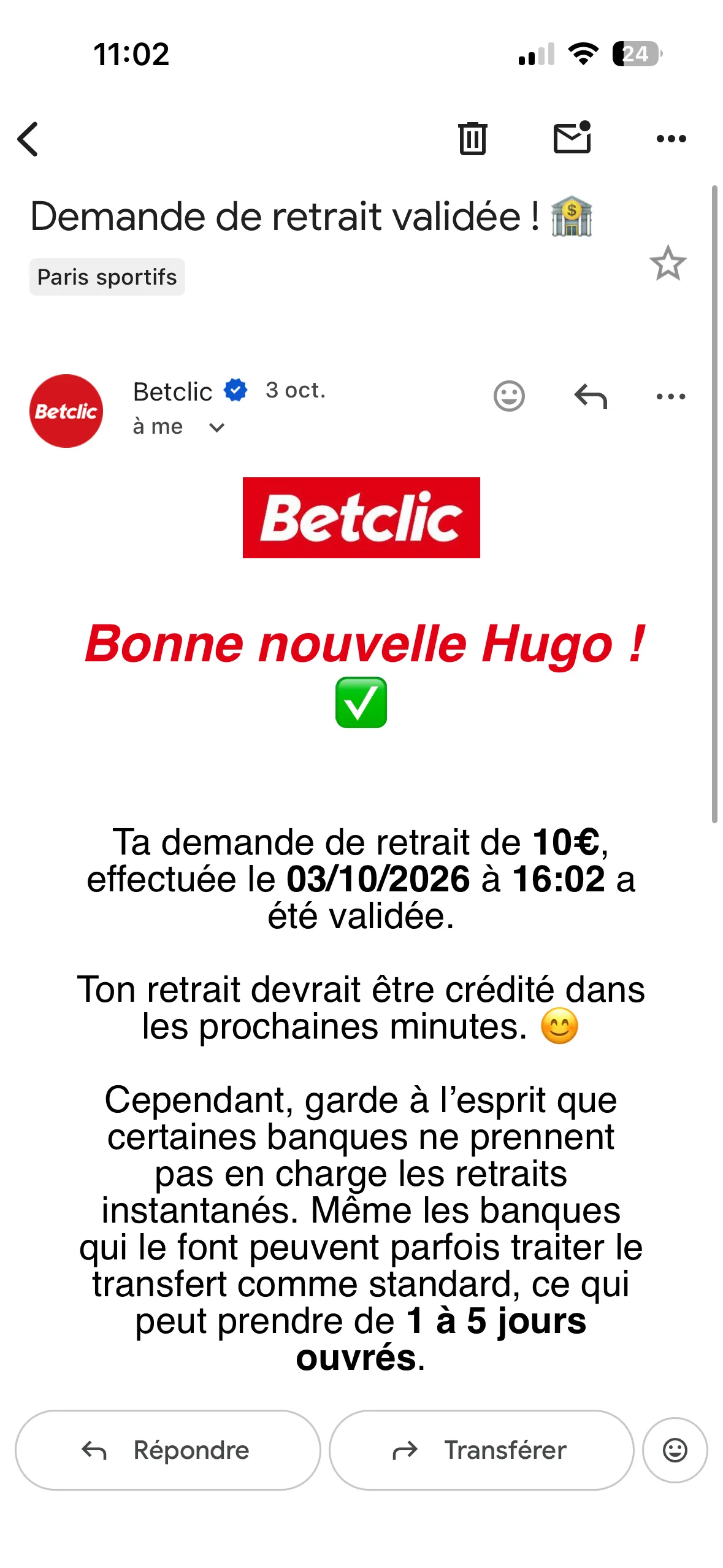 Mail de confirmation de retrait instantané chez Betclic