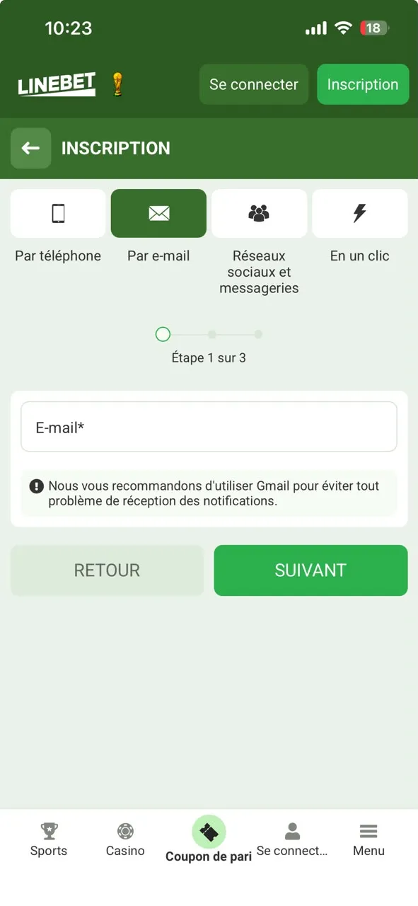 Inscription par mail sur Linebet