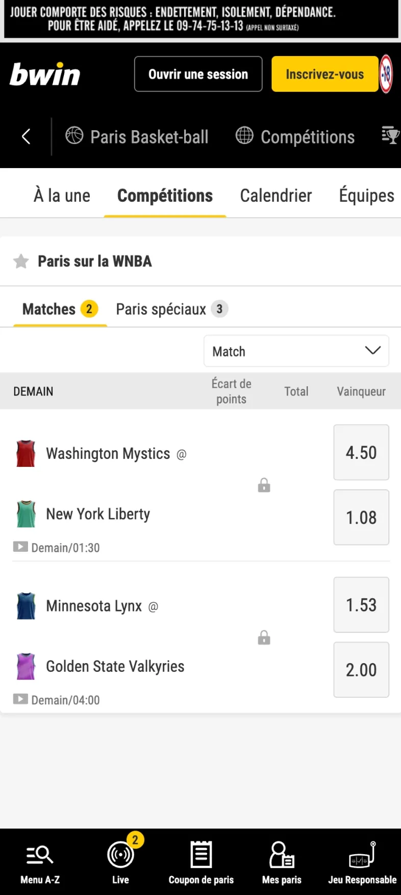 Cotes basket de l’application mobile Bwin