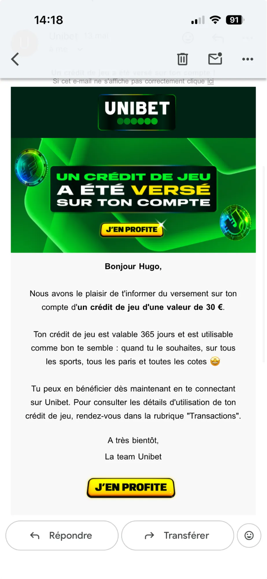 Mail de confirmation de réception des freebets suite à mon dépôt de 30 €