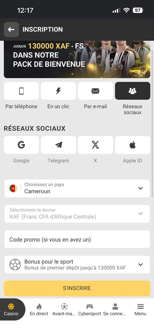 Inscription réseau social MelBet