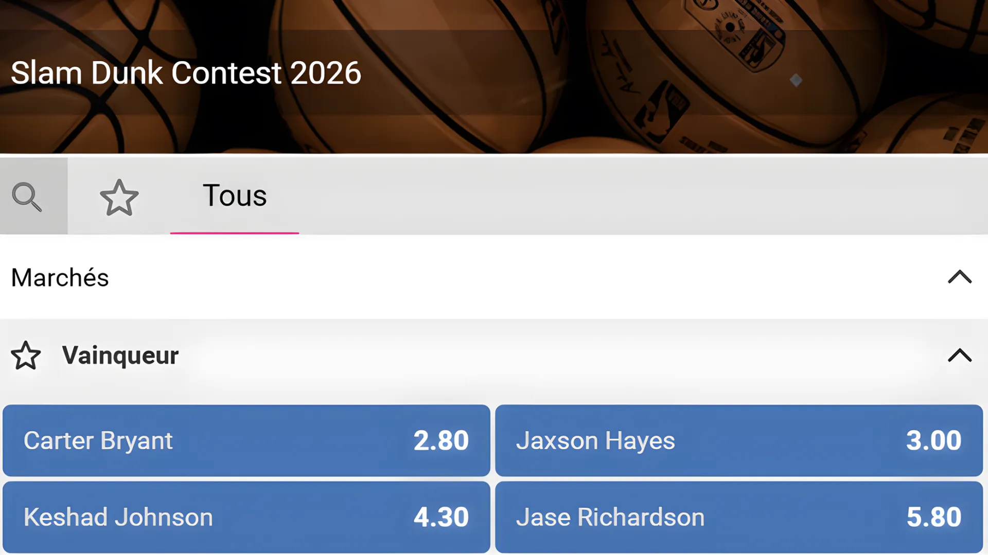 Code promo Bet223 : pronostic Carter Bryant vainqueur du Slam Dunk Contest NBA 2026.