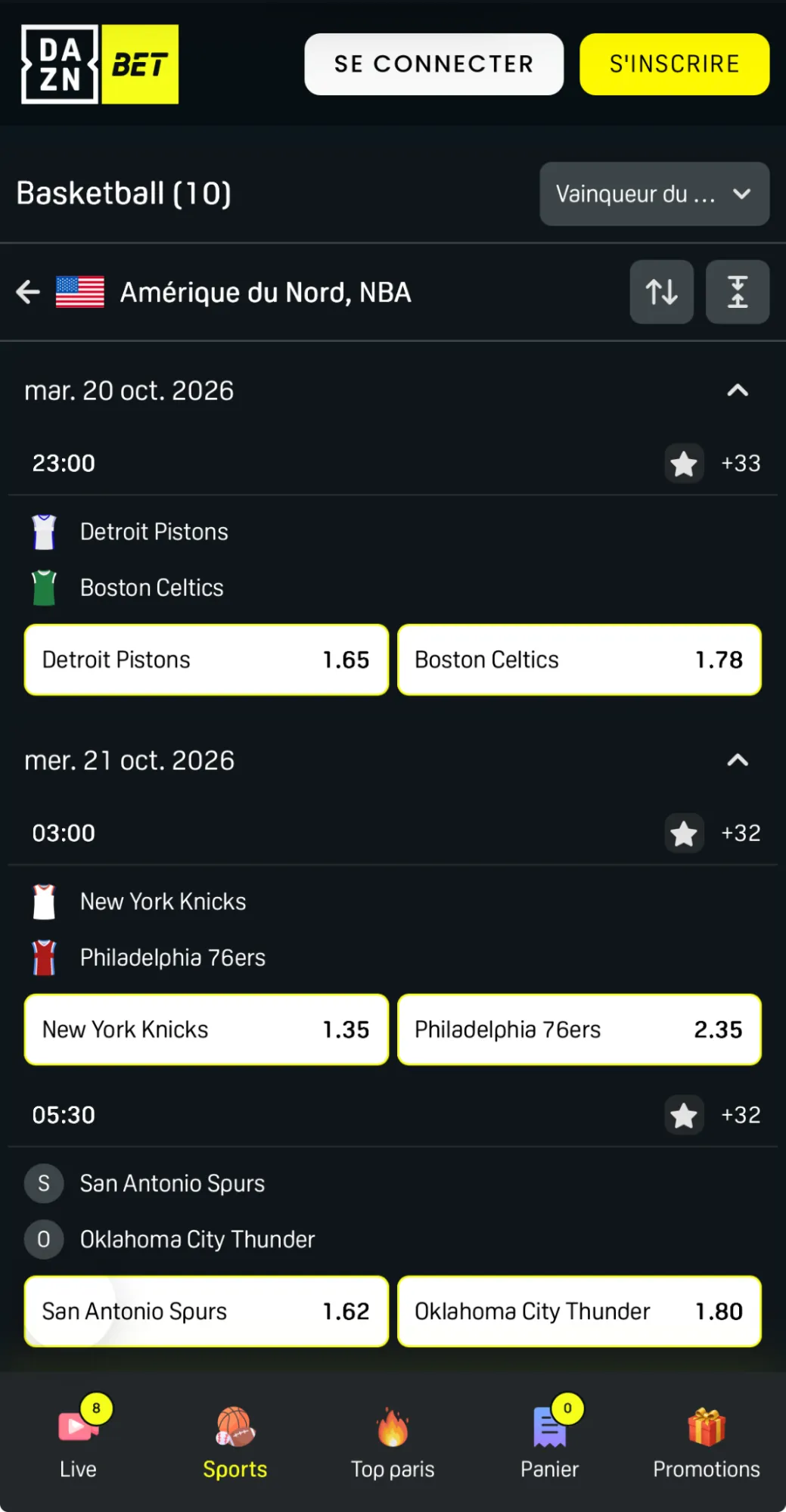 Cotes DAZN Bet sur les matchs de la NBA 2026-27, le 8 septembre 2026
