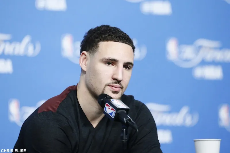 08 June 2016: Golden State Warriors guard Klay Thompson (11) is seen during the press conference following the Cleveland Cavaliers 120-90 victory over the Golden State Warriors, during Game Three of the 2016 NBA Finals at the Quicken Loans Arena, Cleveland, Ohio, USA.