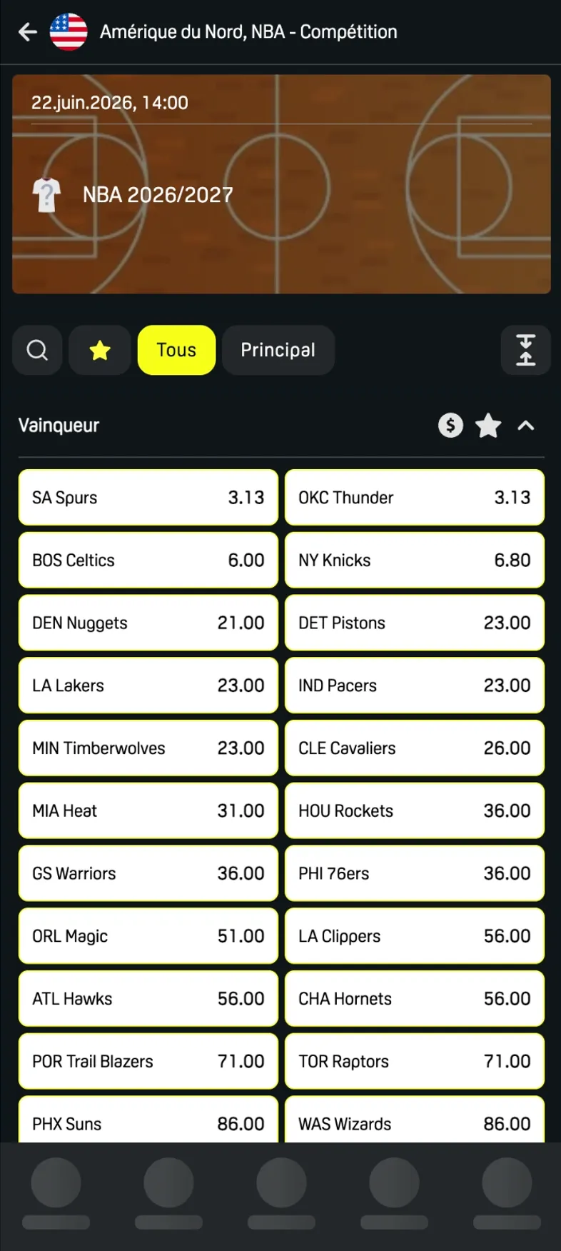 Marchés NBA de l’application DaznBet pour la saison 20262027