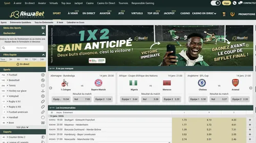 nterface des paris sportifs Akwabet avec large choix de sports et cotes élevées.