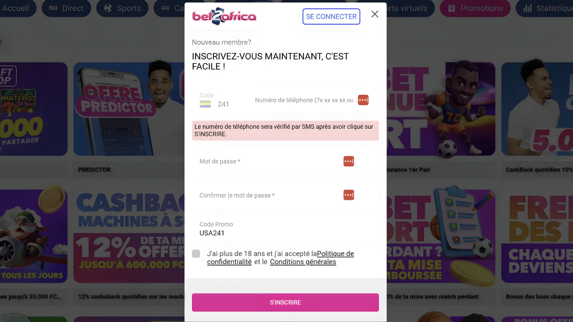 Activation code promo Bet2Africa USA241 inscription Gabon