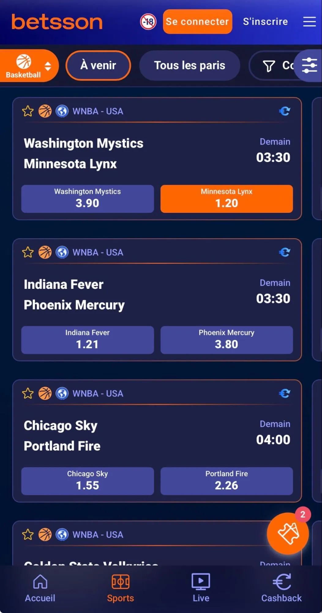 Interface de Betsson sur les matchs WNBA 2026, le 24 juin 2026