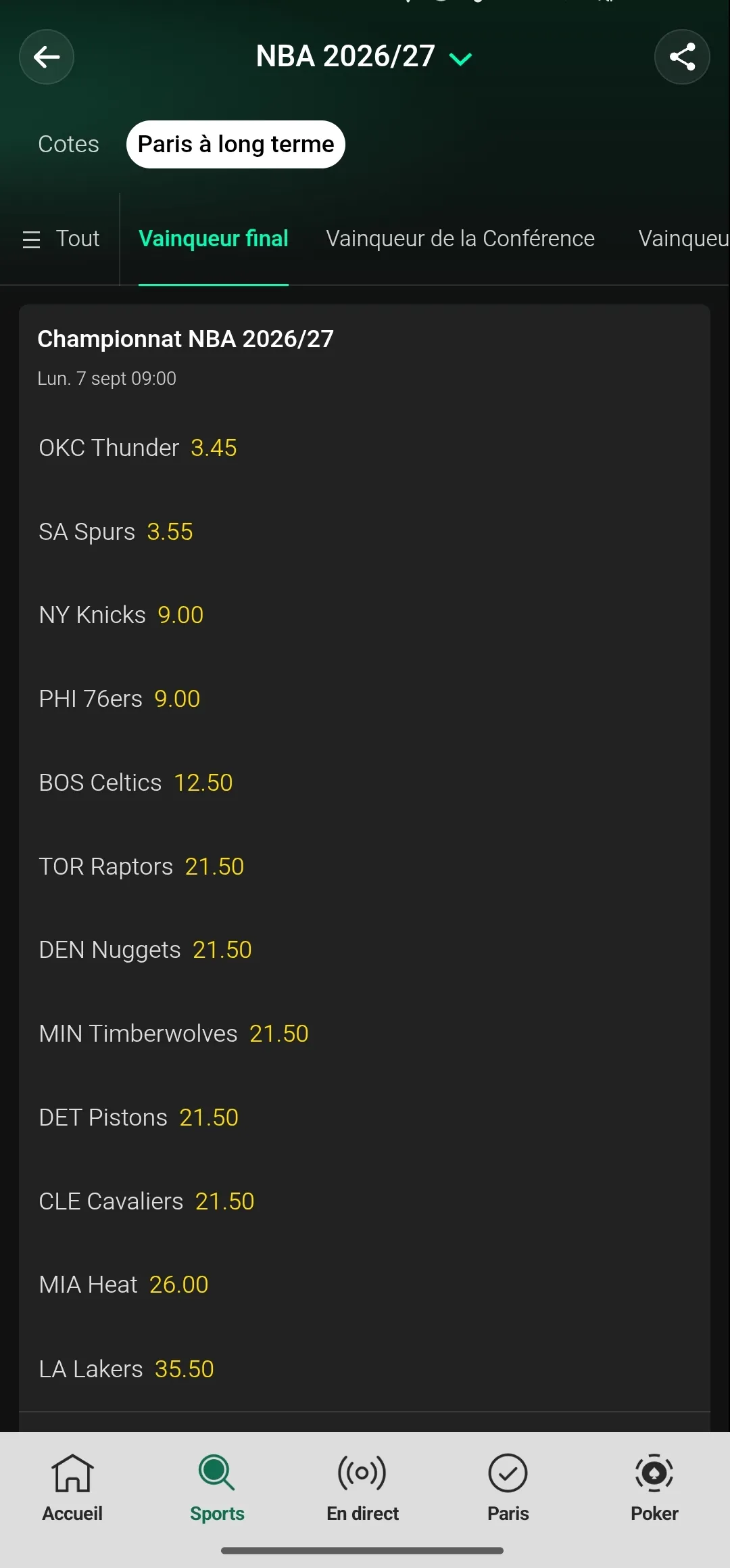 Onglet des marchés de paris à long terme de la NBA visibles sur bet365
