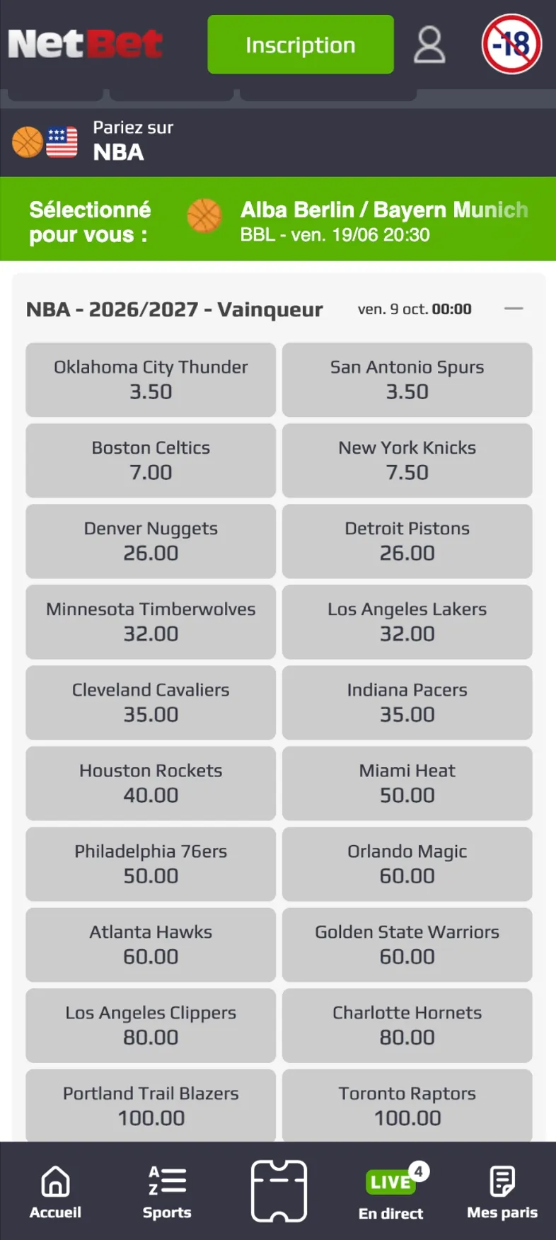 Liste des cotes du vainqueur de la NBA 20262027 proposée par l’app NetBet