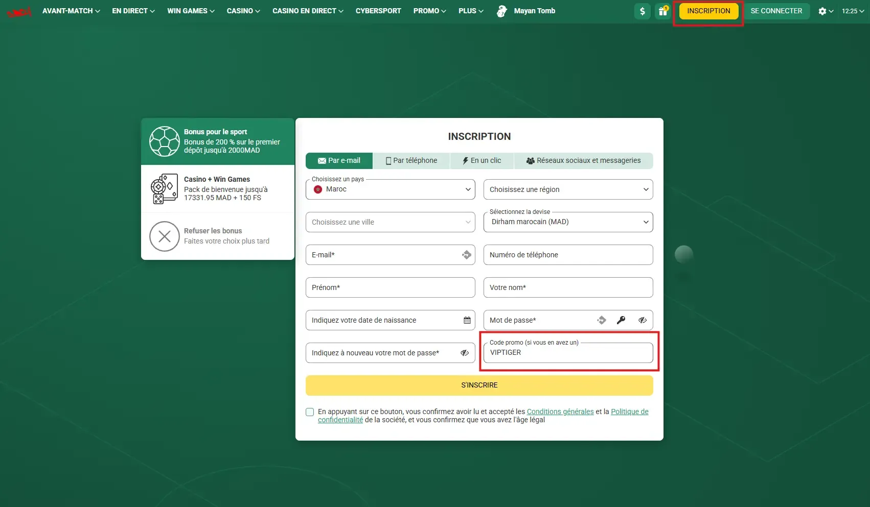 Inscription avec le code promo Betwinner