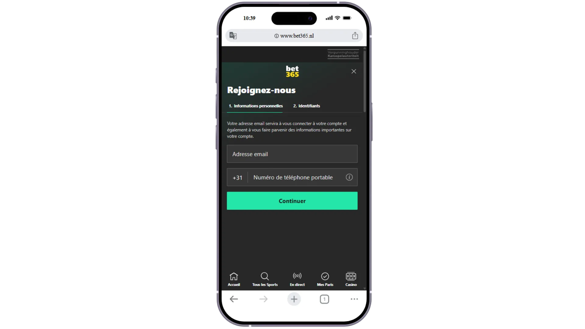 Formulaire d'inscription Bet365