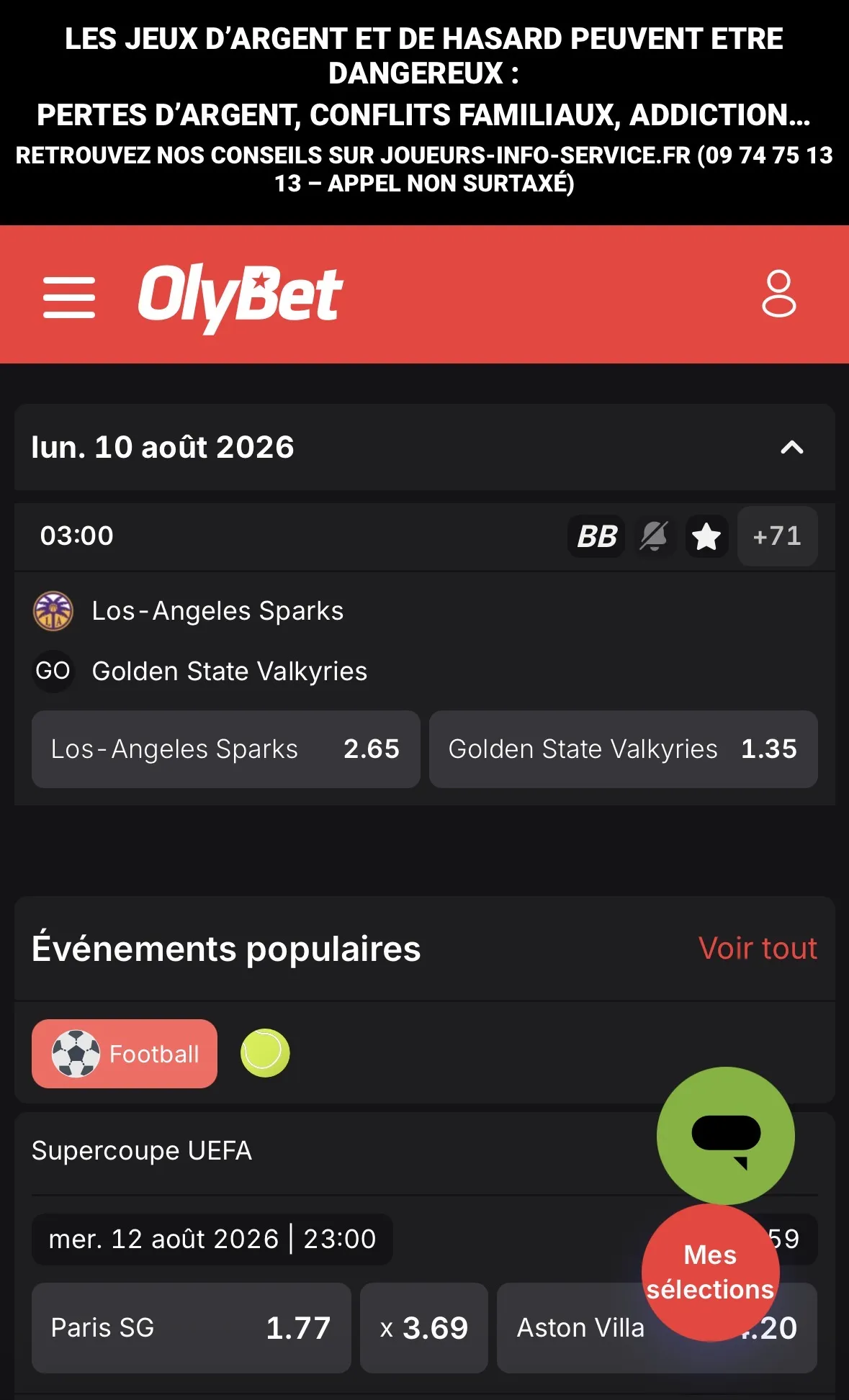 Cotes sur OlyBet pour Sparks-Valkyries WNBA du 10 août, relevées le 9 août 2026 à 16h00
