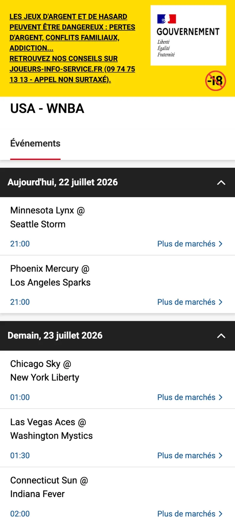 Matchs de WNBA prévus les 22 et 23 juillet sur Pokerstars Sports