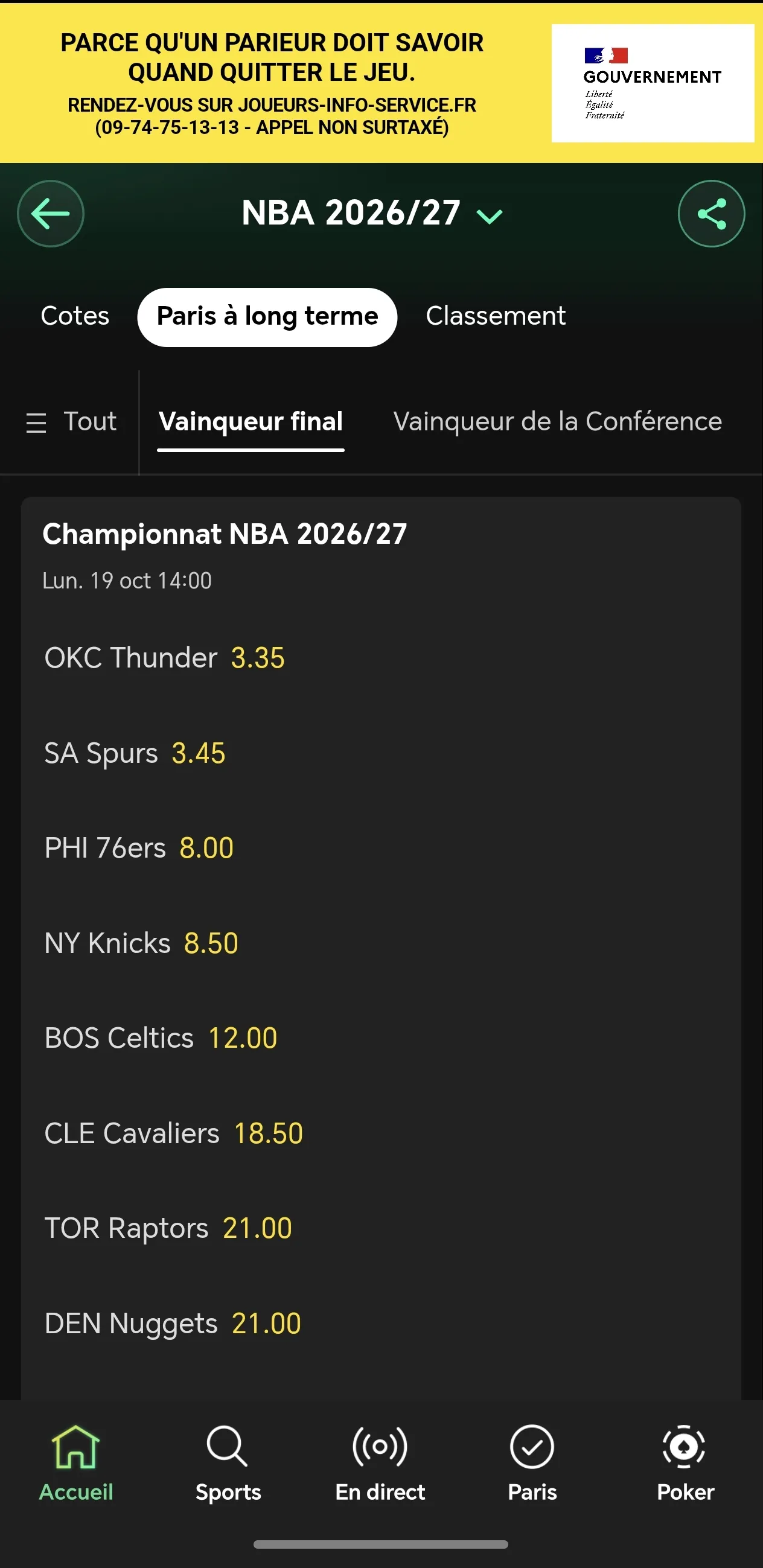 Liste des cotes du vainqueur de la NBA sur bet365 le 15 octobre 2026