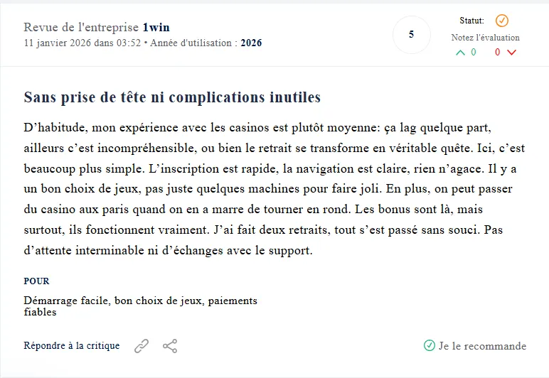 Avis de l'application 1win d'un joueur sur Revieweek