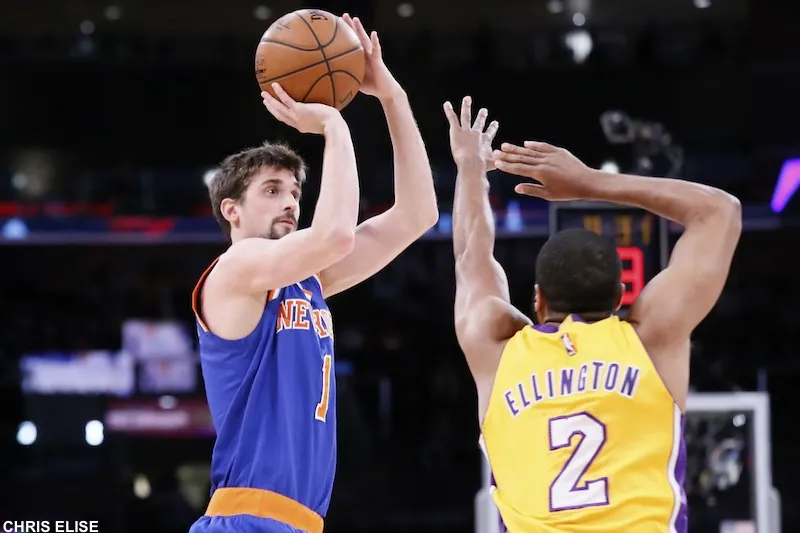 12 March 2015: New York Knicks guard Alexey Shved (1) takes a jump shot over Los Angeles Lakers guard Wayne Ellington (2) during the New York Knicks 101-94 victory over the Los Angeles Lakers, at the Staples Center, Los Angeles, California, USA.