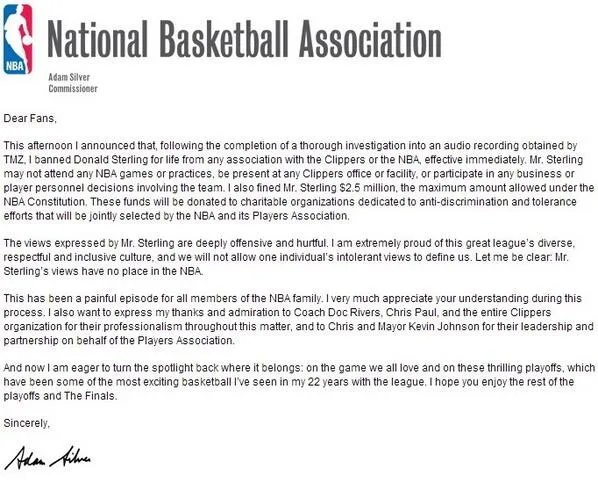 Lettre d'Adam Silver