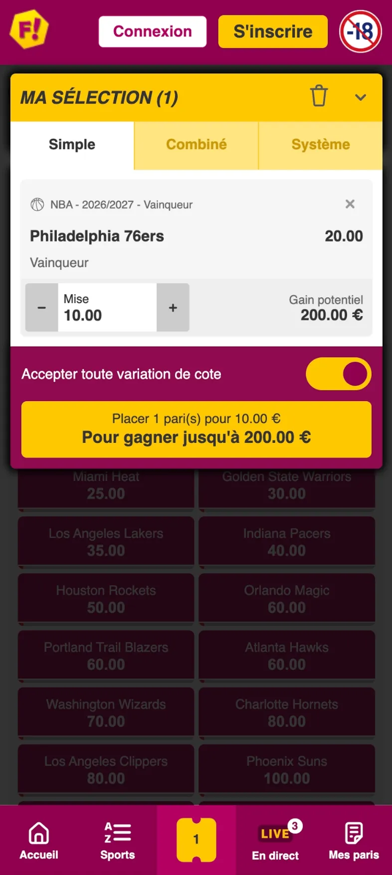 Une sélection d'un pari sur l'équipe la plus jouée pour la victoire de la NBA sur Feelingbet, les 76ers