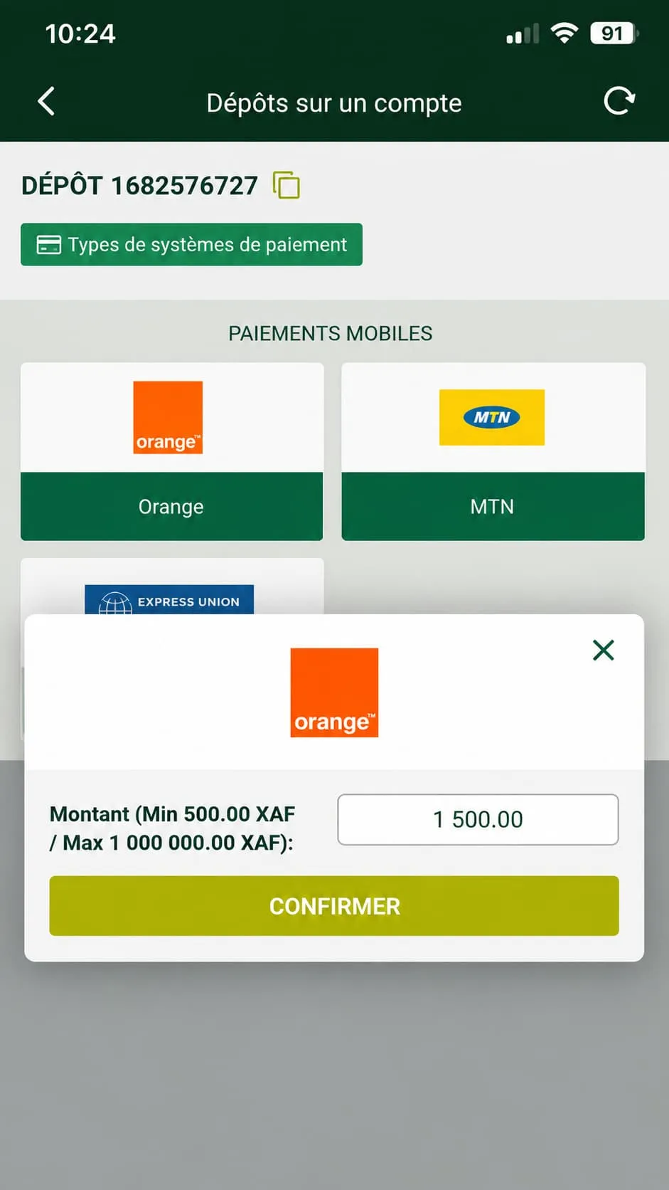 Faites un dépôt sur Betwinner via Orange Money, MTN ou Express Union. 