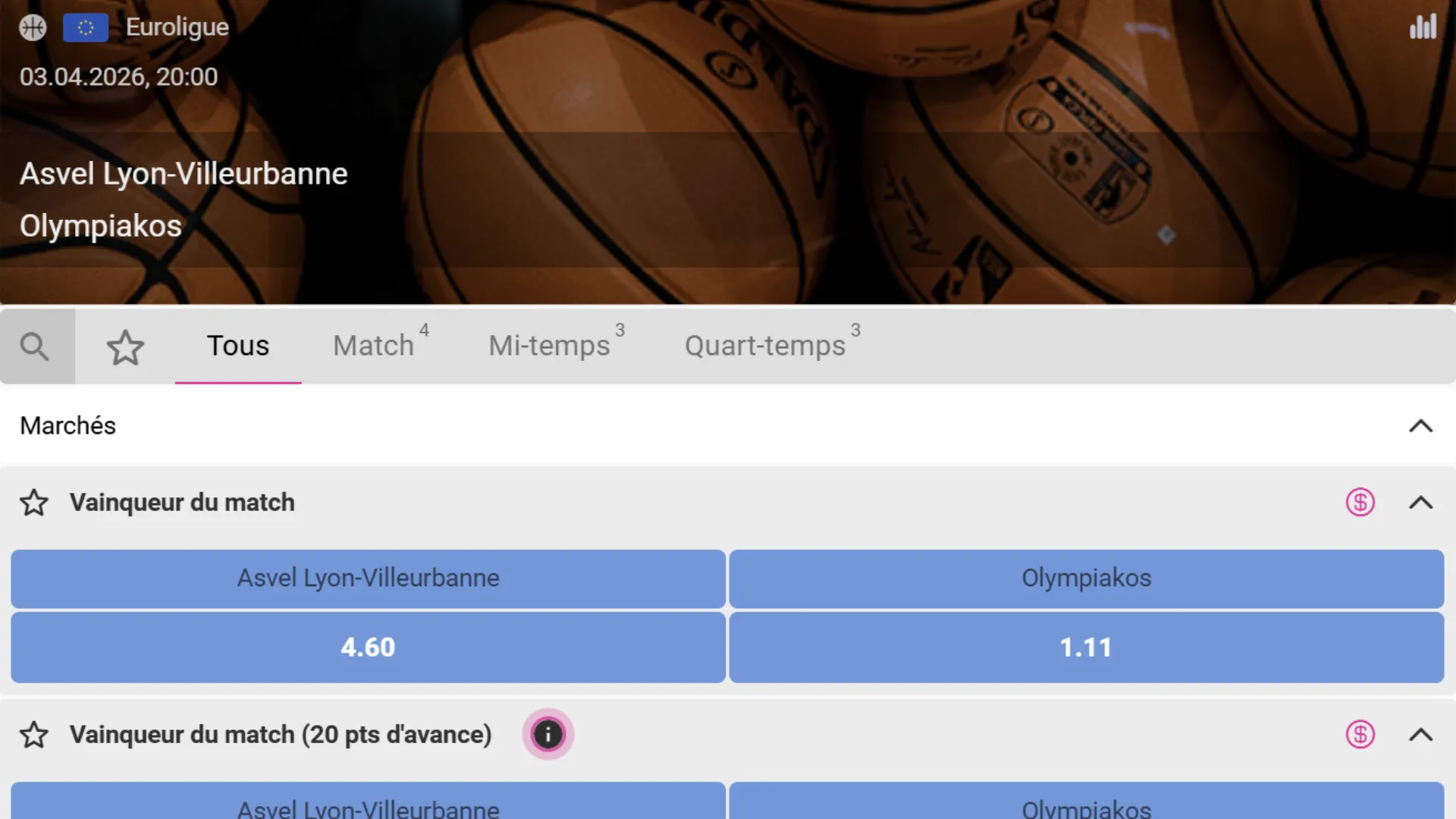 Code promo Bet2Africa pour ASVEL contre Olympiacos en Euroligue à la LDLC Arena de Lyon.