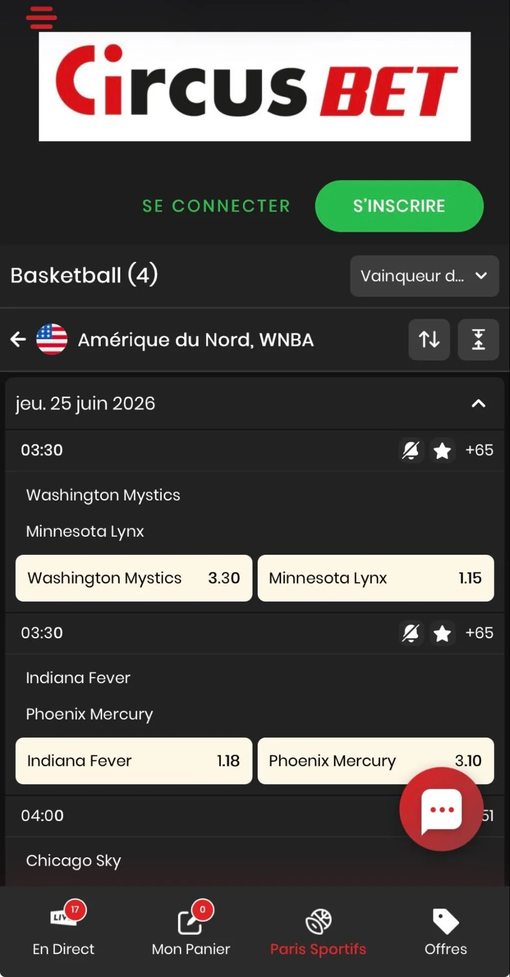 Interface de CircusBet sur les matchs WNBA 2026, le 24 juin 2026