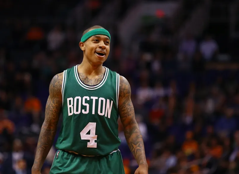 Feb 23, 2015; Phoenix, AZ, USA; Boston Celtics guard Isaiah Thomas reacts in the fourth quarter against the Phoenix Suns at US Airways Center. The Celtics defeats the Suns 115-110. Mandatory Credit: Mark J. Rebilas-USA TODAY Sports